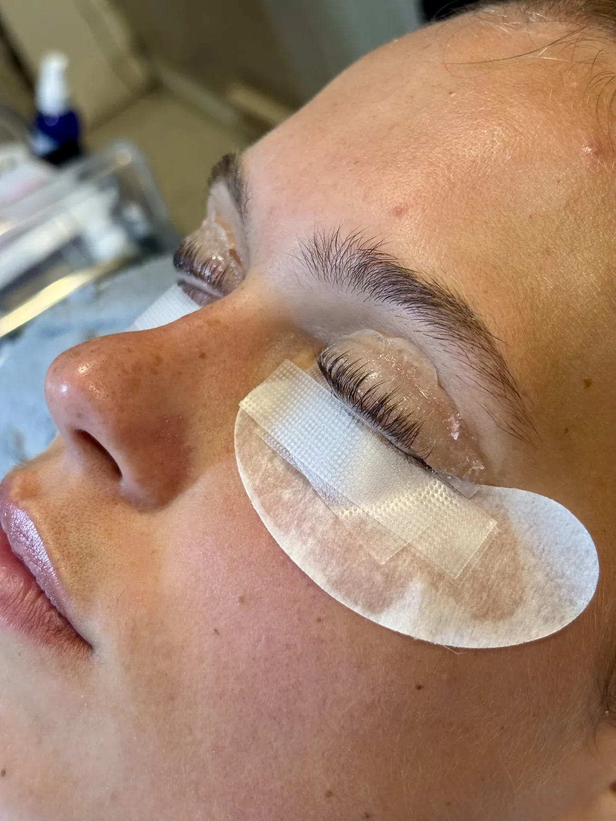 lash lift in progress with lashes set on the lift shield, AyuriNails Beauty Lounge Poblacion Makati